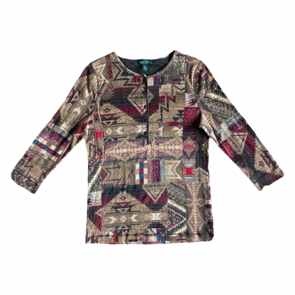 Lauren Jeans Co. Ralph Lauren Women’s M Multicolor Geometric Henley Button Top